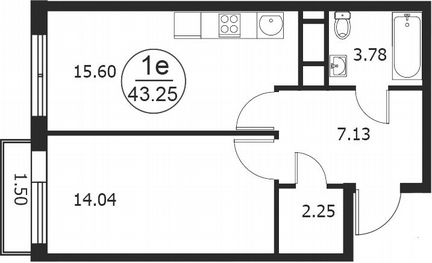 1-к квартира, 43.3 м², 1/4 эт.