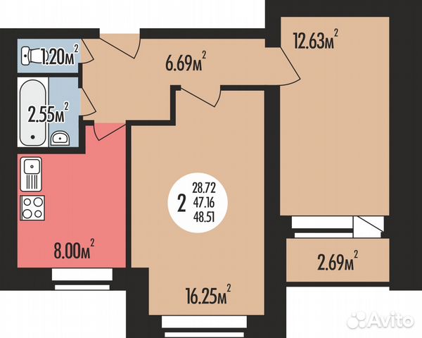 2-к квартира, 48.5 м², 4/10 эт.