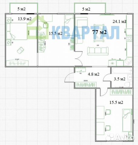 3-к квартира, 77 м², 3/4 эт.