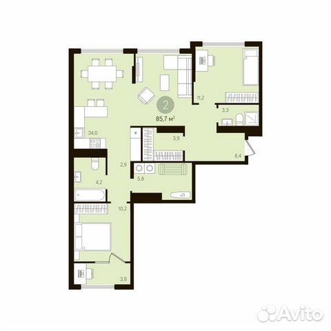 2-к квартира, 87.6 м², 2/10 эт.