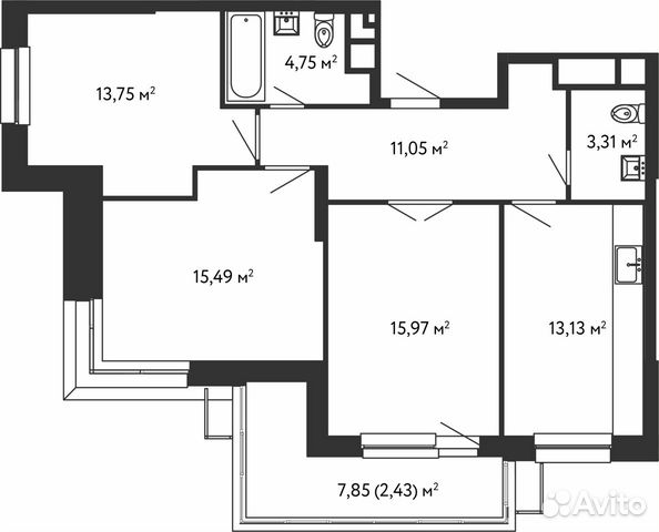 3-к квартира, 80.7 м², 4/15 эт. 3-к квартира, 80.7 м², 4/15 эт.