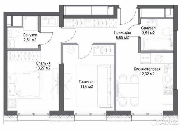 2-к квартира, 54 м², 37/39 эт. 2-к квартира, 54 м², 37/39 эт.