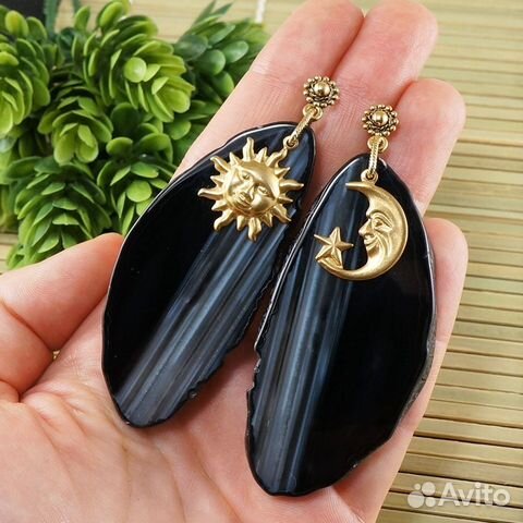 Серьги Солнце и Луна Полумесяц Черный Срез Агата