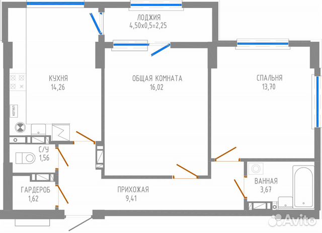 2-к квартира, 62.5 м², 3/8 эт. 2-к квартира, 62.5 м², 3/8 эт.