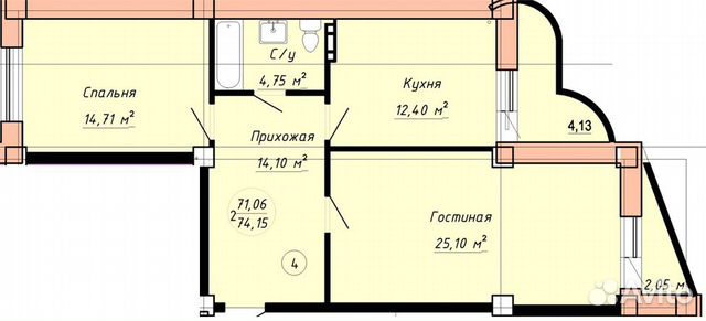 2-к квартира, 74.2 м², 10/11 эт.