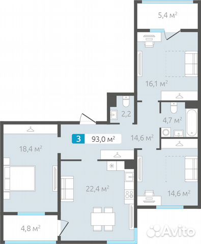 3-к квартира, 93 м², 1/4 эт. 3-к квартира, 93 м², 1/4 эт.