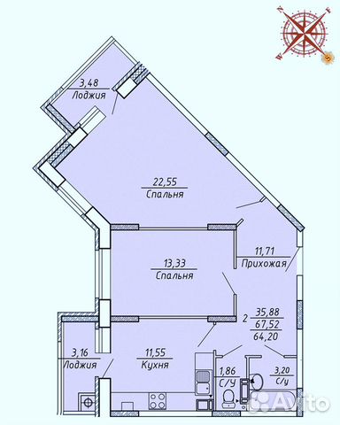 2-к квартира, 64.2 м², 2/10 эт.