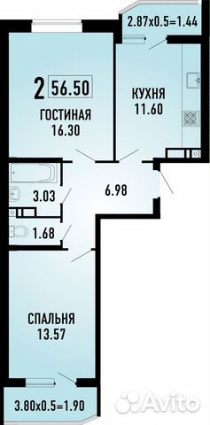 2-к квартира, 56.5 м², 16/18 эт.