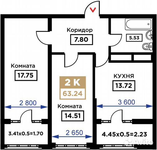 2-к квартира, 63.2 м², 16/25 эт.