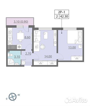 2-к квартира, 42.3 м², 18/25 эт. 2-к квартира, 42.3 м², 18/25 эт.