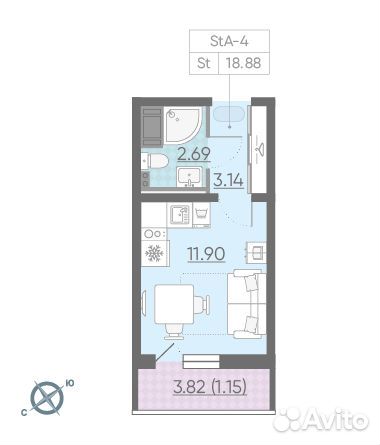 1-к квартира, 18.9 м², 7/13 эт. 1-к квартира, 18.9 м², 7/13 эт.