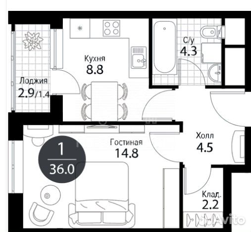 1-к квартира, 39.5 м², 13/22 эт. 1-к квартира, 39.5 м², 13/22 эт.