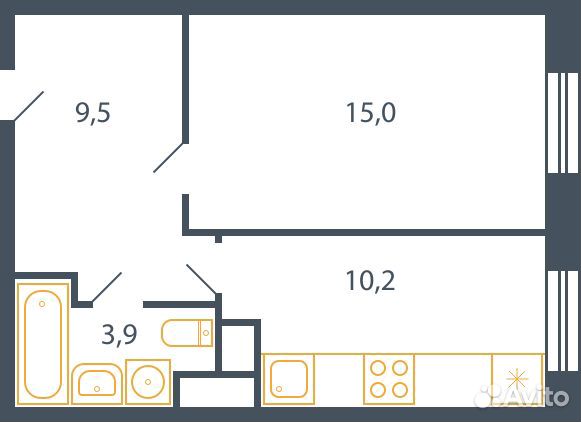 1-к квартира, 38.9 м², 1/9 эт.