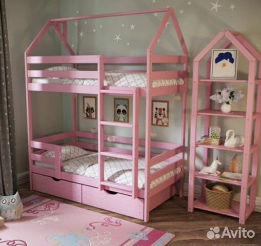 Кроватка детская двухъярусная домик розовая