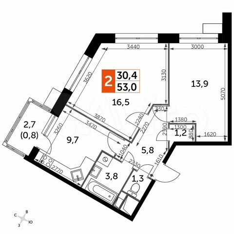 2-к. квартира, 53 м², 4/12 эт.