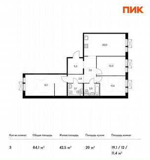 3-к квартира, 84.1 м², 8/9 эт.