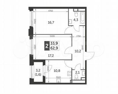 2-к квартира, 62.9 м², 21/26 эт.