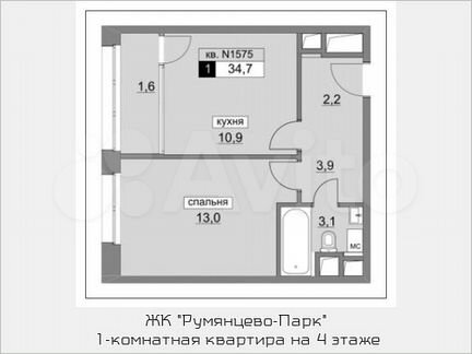 1-к квартира, 34.7 м², 4/22 эт.