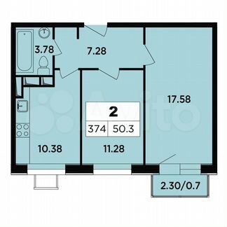 2-к апартаменты, 50.3 м², 15/18 эт.