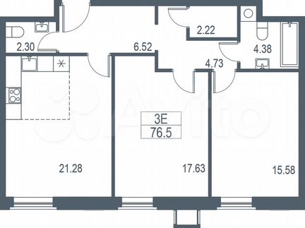 3-к квартира, 77.1 м², 21/21 эт.
