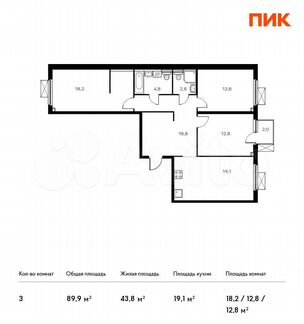 3-к квартира, 89.9 м², 12/17 эт.