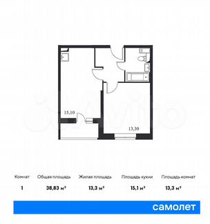 1-к квартира, 38.8 м², 2/14 эт.