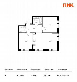 2-к квартира, 70.4 м², 3/14 эт.