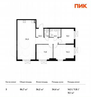 3-к квартира, 86.7 м², 4/33 эт.