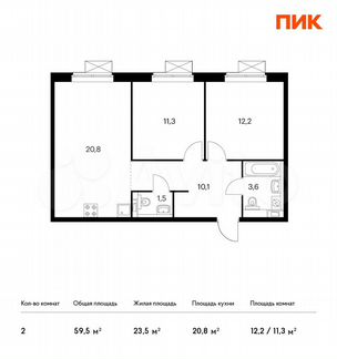 2-к квартира, 59.5 м², 19/25 эт.